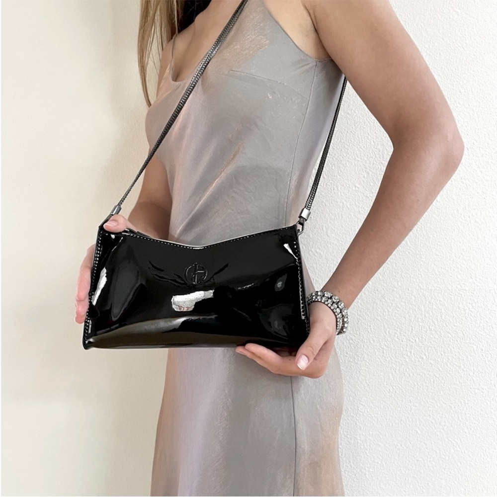 ARMANI Black Patent faux Leather Shoulder Bag wristlet purse clutch logo chain